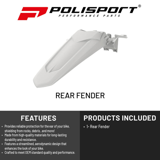 Polisport Motocross (MX) Rear Fender for Yamaha YZ 250F/450F (2018-23) Dirt Bike - OEM Quality, Durable, Flexible & Perfect Fit - White