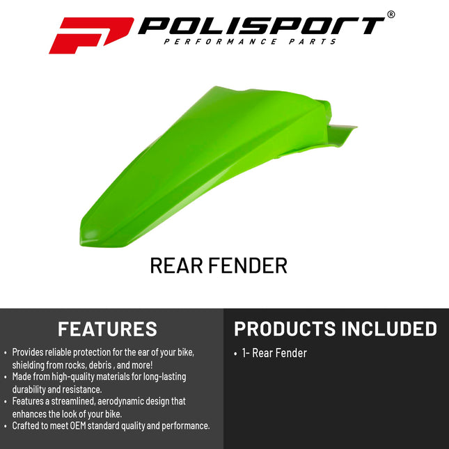 Polisport Motocross (MX) Rear Fender for Kawasaki KX 85/100/112 (2014-24) Dirt Bike - OEM Quality, Durable, Flexible & Perfect Fit - Green