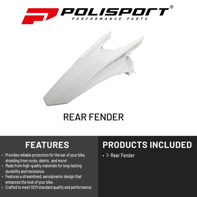 Polisport Motocross (MX) Rear Fender for KTM EXC/EXC-F/XC-W/XCF-W (2017-19) Dirt Bike - OEM Quality, Durable, Flexible & Perfect Fit - White