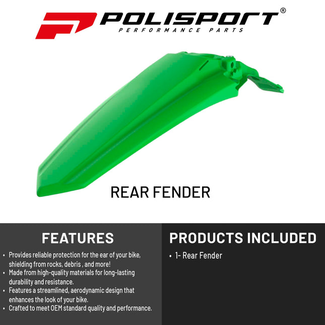 Polisport Motocross (MX) Rear Fender for Kawasaki KX-F 250/450 (2019-24) Dirt Bike - OEM Quality, Durable, Flexible & Perfect Fit - Green