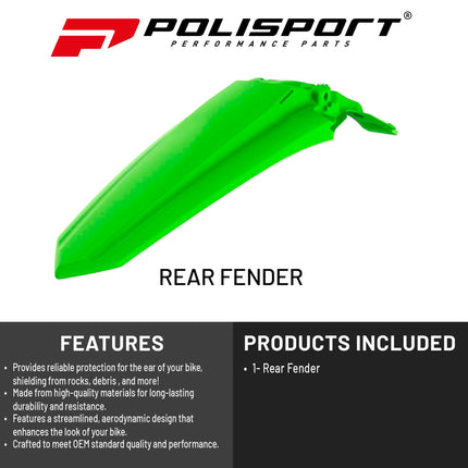 Polisport Motocross (MX) Rear Fender for Kawasaki KX-F 450 (2019-22) Dirt Bike - OEM Quality, Durable, Flexible & Perfect Fit - Green