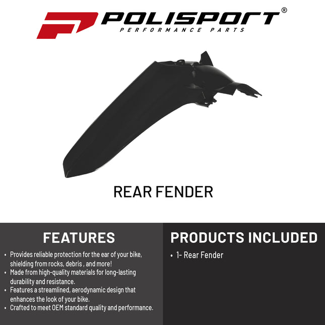 Polisport Motocross (MX) Rear Fender for Yamaha YZ 125/250 YZ 125X/250X (2022-26) Dirt Bike - OEM Quality, Durable, Flexible & Perfect Fit - Black