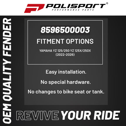 Polisport Motocross (MX) Rear Fender for Yamaha YZ 125/250 YZ 125X/250X (2022-26) Dirt Bike - OEM Quality, Durable, Flexible & Perfect Fit - Black