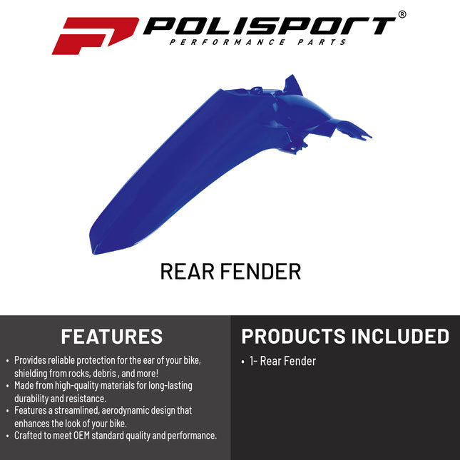 Polisport Motocross (MX) Rear Fender for Yamaha YZ 125/250 (2022-26) Dirt Bike - OEM Quality, Durable, Flexible & Perfect Fit - Blue Metal