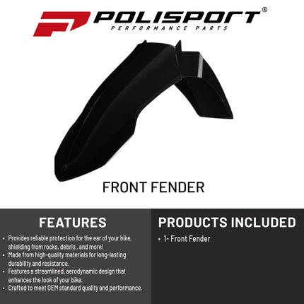 Polisport Motocross (MX) Front Fender for Yamaha YZ 125/250 (2023-26) Dirt Bike - OEM Quality, Durable, Flexible & Perfect Fit - Black