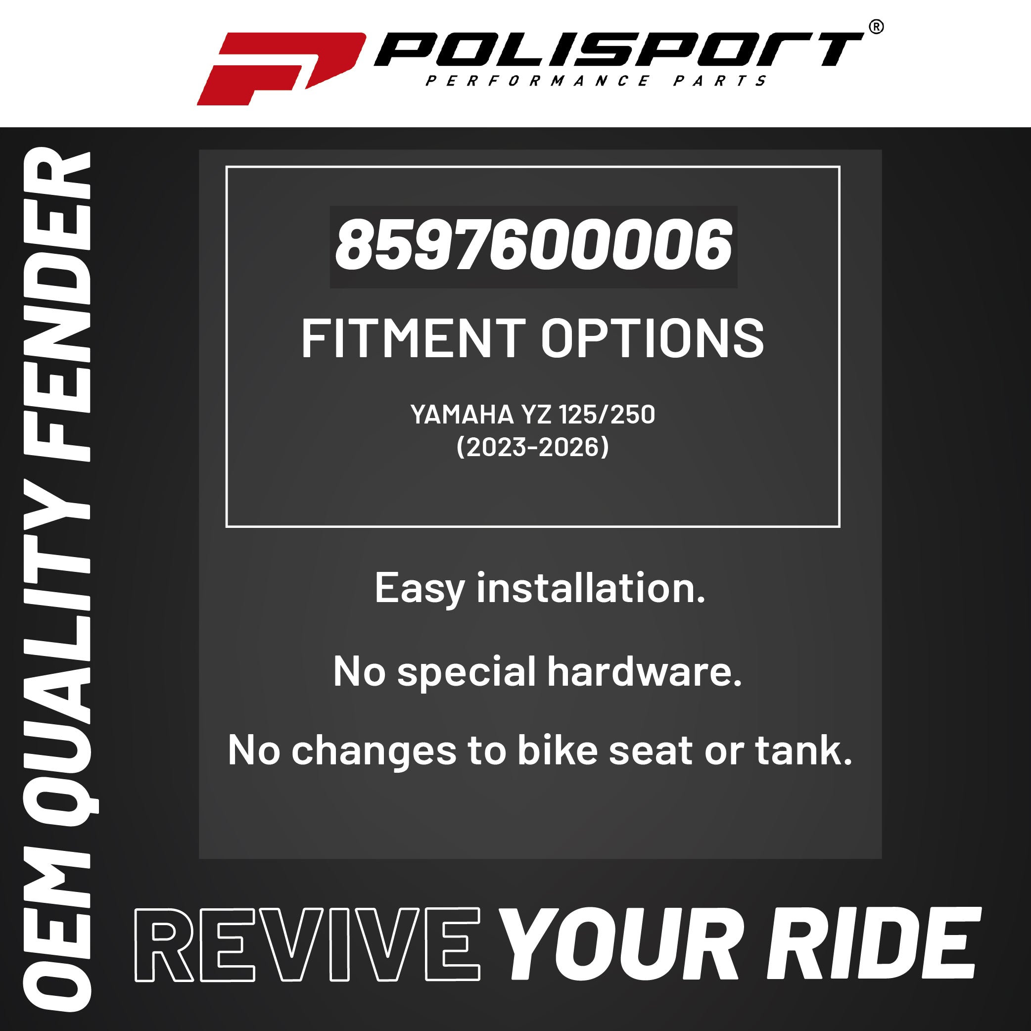 Polisport Motocross (MX) Front Fender for Yamaha YZ 125/250 (2023-26) Dirt Bike (Black)