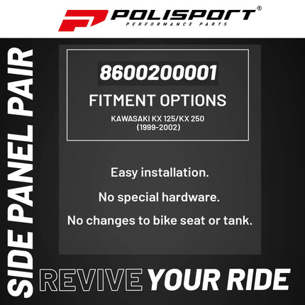 Polisport Motocross (MX) Replica Plastics Side Panels for Kawasaki KX 125/KX 250 (1999-02) Dirt Bike - OEM Quality, Durable, Flexible & Perfect Fit - White