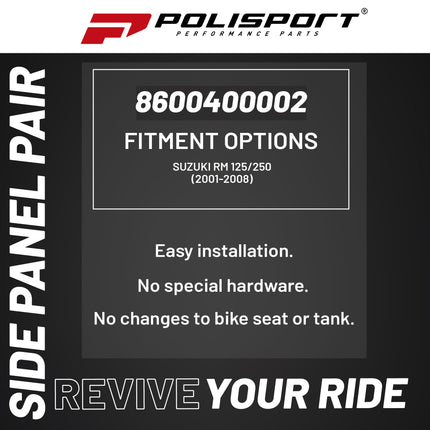 Polisport Motocross (MX) Replica Plastics Side Panels for Suzuki RM 125/250 (2001-08) Dirt Bike - OEM Quality, Durable, Flexible & Perfect Fit - Black