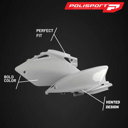 Polisport Motocross (MX) Replica Plastics Side Panels for Honda CRF 450R (2005-06) Dirt Bike - OEM Quality, Durable, Flexible & Perfect Fit - White