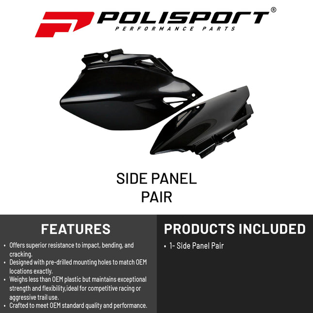 Polisport Motocross (MX) Replica Plastics Side Panels for Yamaha YZ 250F/450F (2006-09) Dirt Bike - OEM Quality, Durable, Flexible & Perfect Fit - Black