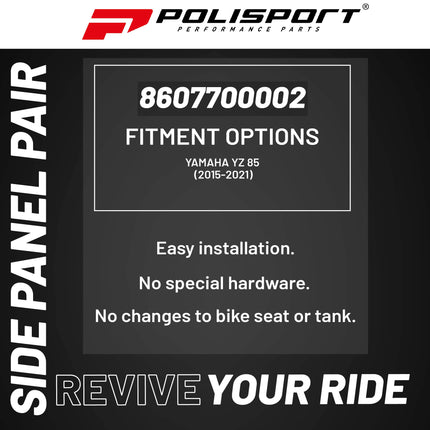 Polisport Motocross (MX) Replica Plastics Side Panels for Yamaha YZ 85 (2015-21) Dirt Bike - OEM Quality, Durable, Flexible & Perfect Fit - Blue/Black
