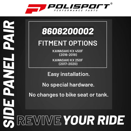 Polisport Motocross (MX) Replica Plastics Side Panels for Kawasaki KX 450F (2016-18), Kawasaki KX 250F (2017-20) Dirt Bike