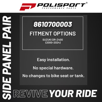 Polisport Motocross (MX) Restyling Side Panels for Suzuki DR-Z400 (2000-24) Dirt Bike - OEM Quality, Durable, Flexible & Perfect Fit - White