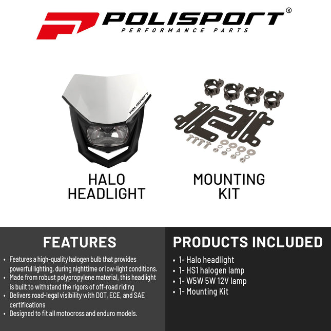 Polisport Halo Headlight for Motorbikes, Dirt Bikes, Motorcycles (MX, Enduro Racing & Riding) - LED Headlight, Universal Mounting System, DOT, ECE, & SAE Certified - White/Black