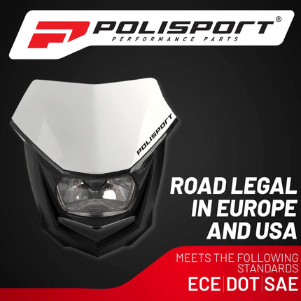 Polisport Halo Headlight for Motorbikes, Dirt Bikes, Motorcycles (MX, Enduro Racing & Riding) - LED Headlight, Universal Mounting System, DOT, ECE, & SAE Certified - White/Black