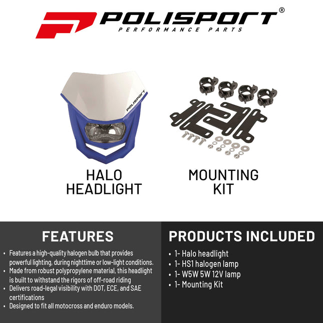 Polisport Halo Headlight for Motorbikes, Dirt Bikes, Motorcycles (MX, Enduro Racing & Riding) - LED Headlight, Universal Mounting System, DOT, ECE, & SAE Certified - White/Blue