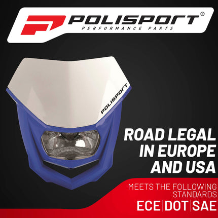Polisport Halo Headlight for Motorbikes, Dirt Bikes, Motorcycles (MX, Enduro Racing & Riding) - LED Headlight, Universal Mounting System, DOT, ECE, & SAE Certified - White/Blue