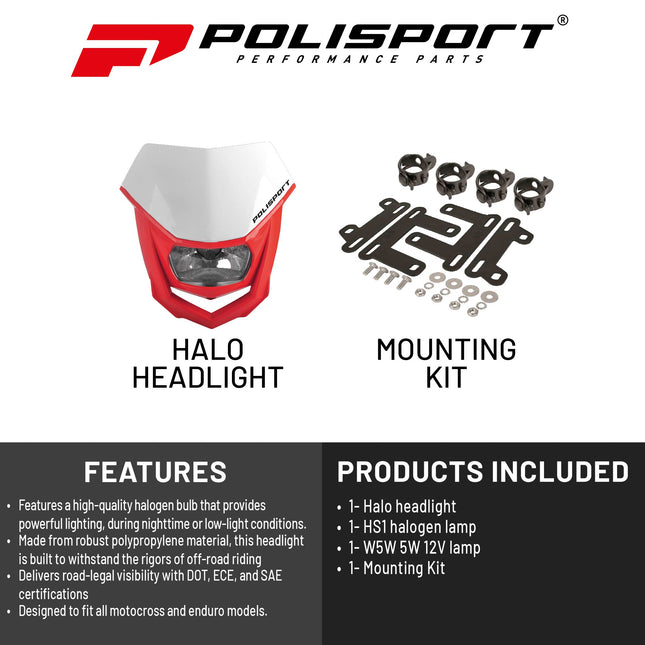 Polisport Halo Headlight for Motorbikes, Dirt Bikes, Motorcycles (MX, Enduro Racing & Riding) - LED Headlight, Universal Mounting System, DOT, ECE, & SAE Certified - White/Red