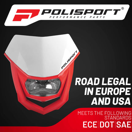 Polisport Halo Headlight for Motorbikes, Dirt Bikes, Motorcycles (MX, Enduro Racing & Riding) - LED Headlight, Universal Mounting System, DOT, ECE, & SAE Certified - White/Red