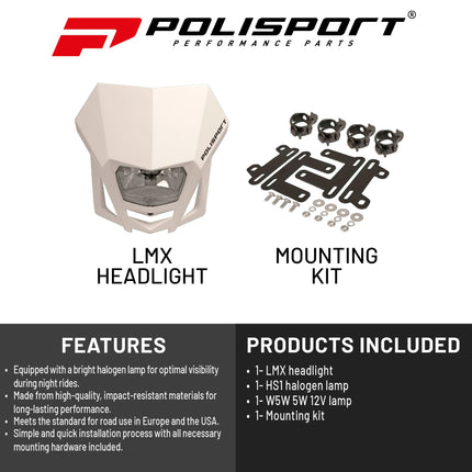 Polisport LMX Halogen Motorcycle Headlight - Universal Fitment,  Powerful and Durable Front Light for Enduro, Off-Road, and Street Bikes - Superior Night Visibility with Bright Halogen Bulb - White