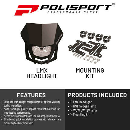 Polisport LMX Halogen Motorcycle Headlight - Universal Fitment,  Powerful and Durable Front Light for Enduro, Off-Road, and Street Bikes - Superior Night Visibility with Bright Halogen Bulb - Black