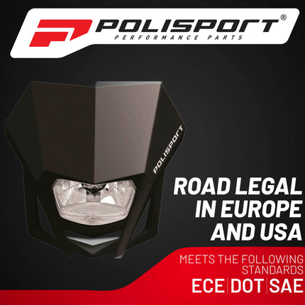 Polisport LMX Halogen Motorcycle Headlight - Universal Fitment,  Powerful and Durable Front Light for Enduro, Off-Road, and Street Bikes - Superior Night Visibility with Bright Halogen Bulb - Black