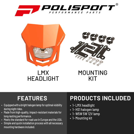 Polisport LMX Halogen Motorcycle Headlight - Universal Fitment,  Powerful and Durable Front Light for Enduro, Off-Road, and Street Bikes - Superior Night Visibility with Bright Halogen Bulb - Orange