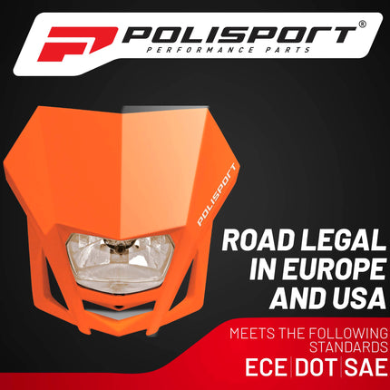 Polisport LMX Halogen Motorcycle Headlight - Universal Fitment,  Powerful and Durable Front Light for Enduro, Off-Road, and Street Bikes - Superior Night Visibility with Bright Halogen Bulb - Orange