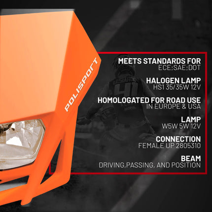 Polisport LMX Halogen Motorcycle Headlight - Universal Fitment,  Powerful and Durable Front Light for Enduro, Off-Road, and Street Bikes - Superior Night Visibility with Bright Halogen Bulb - Orange