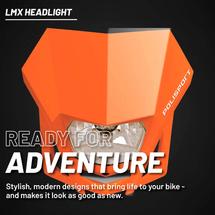 Polisport LMX Halogen Motorcycle Headlight - Universal Fitment,  Powerful and Durable Front Light for Enduro, Off-Road, and Street Bikes - Superior Night Visibility with Bright Halogen Bulb - Orange