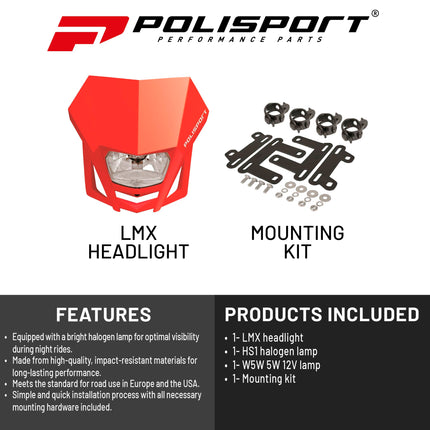Polisport LMX Halogen Motorcycle Headlight - Universal Fitment,  Powerful and Durable Front Light for Enduro, Off-Road, and Street Bikes - Superior Night Visibility with Bright Halogen Bulb - Red