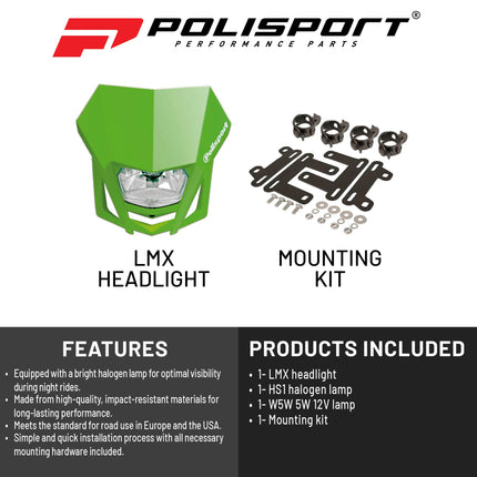 Polisport LMX Halogen Headlight for Motorcycles - Superior Night Riding Companion with Bright Halogen Lamp (Green)