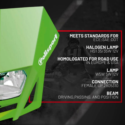 Polisport LMX Halogen Headlight for Motorcycles - Superior Night Riding Companion with Bright Halogen Lamp (Green)