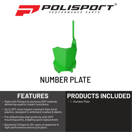 Polisport Motocross Motorcycles (MX) Number Plate for Kawasaki KX450F (2016-2025), KX250F (2017-2024) Dirt Bikes - OEM Replica in Durable Gloss Polypropylene (DGP), Motocross Plastics - Green
