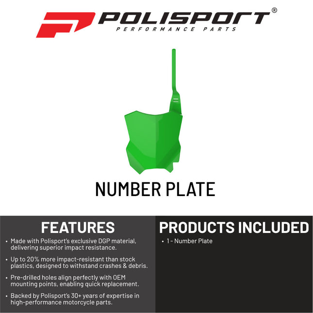 Polisport Motocross Motorcycles (MX) Number Plate for Kawasaki KX450F (2016-2025), KX250F (2017-2024) Dirt Bikes - OEM Replica in Durable Gloss Polypropylene (DGP), Motocross Plastics - Green