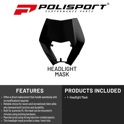 Polisport Headlight Mask for Motorbikes, Motocross, Motorcycles (MX, Enduro Racing & Riding) - Fits KTM EXC/EXC?F/XC?W/XCF?W (2008-13) - OEM?Fit Impact-Resistant Plastic, Durable and Flexible - Blk