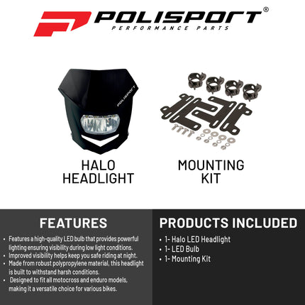 Polisport Halo Headlight for Motorbikes, Dirt Bikes, Motorcycles (MX, Enduro Racing & Riding) - LED Headlight, Universal Mounting System, DOT, ECE, & SAE Certified - Black