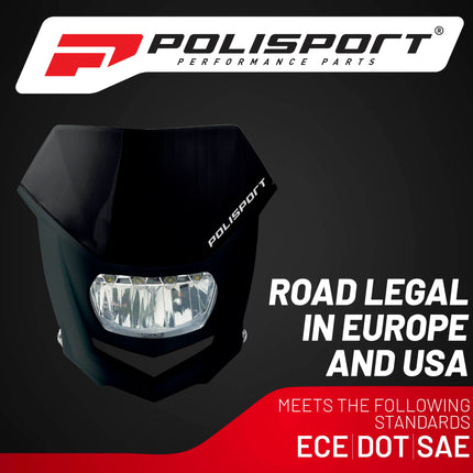 Polisport Halo Headlight for Motorbikes, Dirt Bikes, Motorcycles (MX, Enduro Racing & Riding) - LED Headlight, Universal Mounting System, DOT, ECE, & SAE Certified - Black