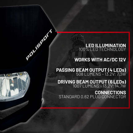 Polisport Halo Headlight for Motorbikes, Dirt Bikes, Motorcycles (MX, Enduro Racing & Riding) - LED Headlight, Universal Mounting System, DOT, ECE, & SAE Certified - Black