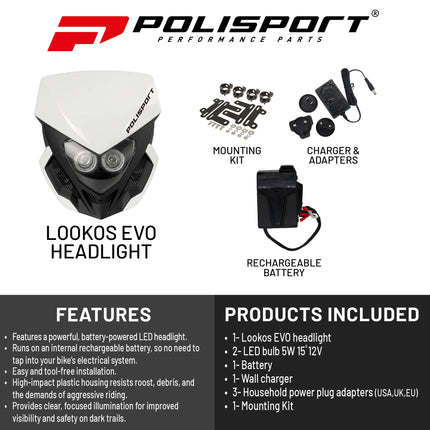 Polisport Lookos EVO Standard LED Headlight Kit  - Battery-Powered Front Light - Instant Enduro Conversion for Motocross & Cross-Country Bikes - White/Black