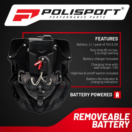 Polisport Lookos EVO Standard LED Headlight Kit  - Battery-Powered Front Light - Instant Enduro Conversion for Motocross & Cross-Country Bikes - White/Black