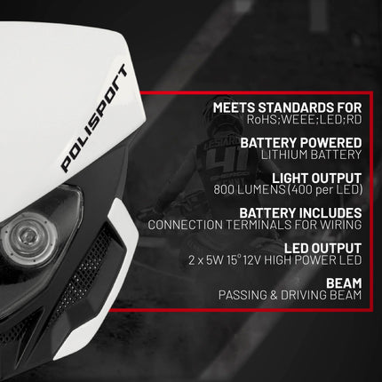 Polisport Lookos EVO Standard LED Headlight Kit  - Battery-Powered Front Light - Instant Enduro Conversion for Motocross & Cross-Country Bikes - White/Black