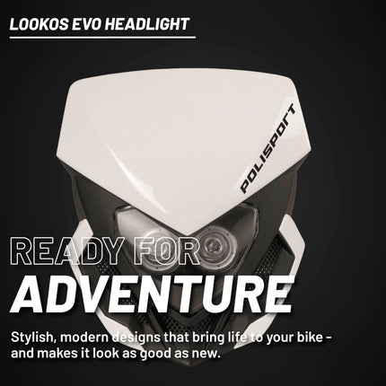 Polisport Lookos EVO Standard LED Headlight Kit  - Battery-Powered Front Light - Instant Enduro Conversion for Motocross & Cross-Country Bikes - White/Black