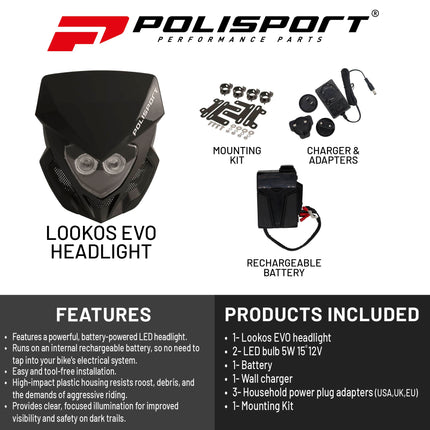 Polisport Lookos EVO Standard LED Headlight Kit  - Battery-Powered Front Light - Instant Enduro Conversion for Motocross & Cross-Country Bikes - Black