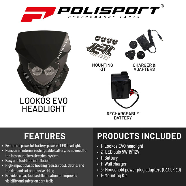 Polisport Lookos EVO Standard LED Headlight Kit  - Battery-Powered Front Light - Instant Enduro Conversion for Motocross & Cross-Country Bikes - Black
