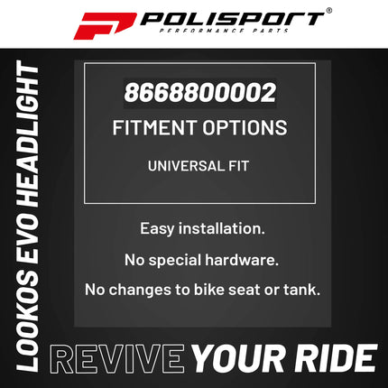Polisport Lookos EVO Standard LED Headlight Kit  - Battery-Powered Front Light - Instant Enduro Conversion for Motocross & Cross-Country Bikes - Black