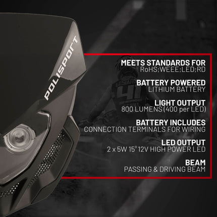 Polisport Lookos EVO Standard LED Headlight Kit  - Battery-Powered Front Light - Instant Enduro Conversion for Motocross & Cross-Country Bikes - Black