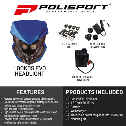 Polisport Lookos EVO Standard LED Headlight Kit  - Battery-Powered Front Light - Instant Enduro Conversion for Motocross & Cross-Country Bikes - Blue/Black