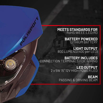 Polisport Lookos EVO Standard LED Headlight Kit  - Battery-Powered Front Light - Instant Enduro Conversion for Motocross & Cross-Country Bikes - Blue/Black