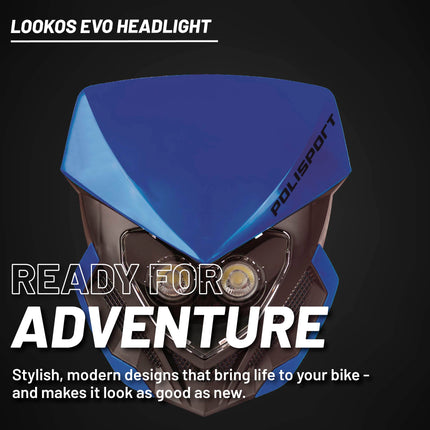 Polisport Lookos EVO Standard LED Headlight Kit  - Battery-Powered Front Light - Instant Enduro Conversion for Motocross & Cross-Country Bikes - Blue/Black